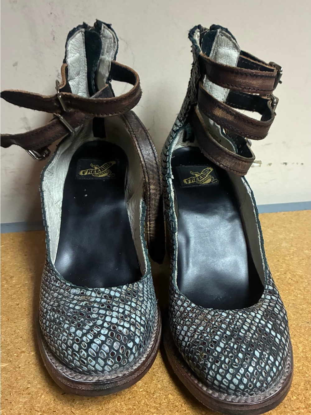 freebird Two-Tone Textured Ankle-Strap Heels in Brown and Teal